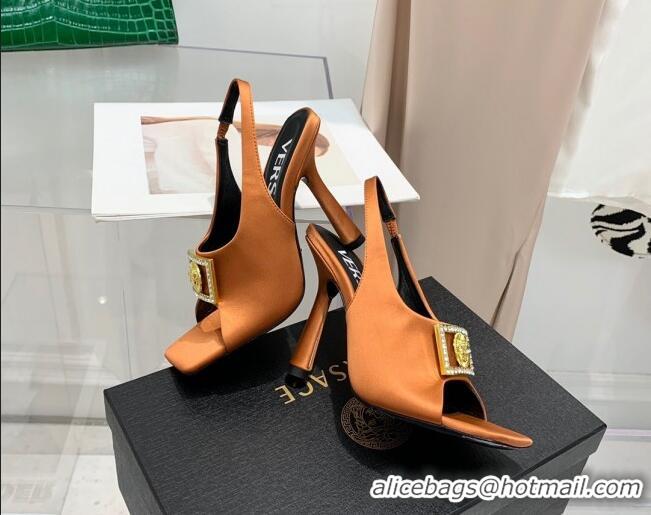 Perfect Versace Silk Open Toe Pumps 10.5cm Brown 042664