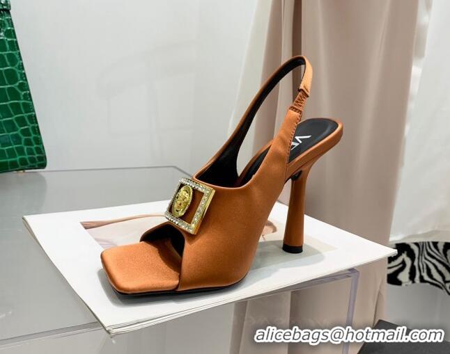 Perfect Versace Silk Open Toe Pumps 10.5cm Brown 042664