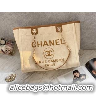 Buy Fashionable Chanel Deauville Mixed Fibers Medium Shopping Bag A67001 Beige 2022