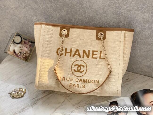 Buy Fashionable Chanel Deauville Mixed Fibers Medium Shopping Bag A67001 Beige 2022