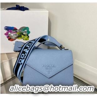 Popular Style Prada Monochrome Saffiano and leather bag 1BD317 sky blue