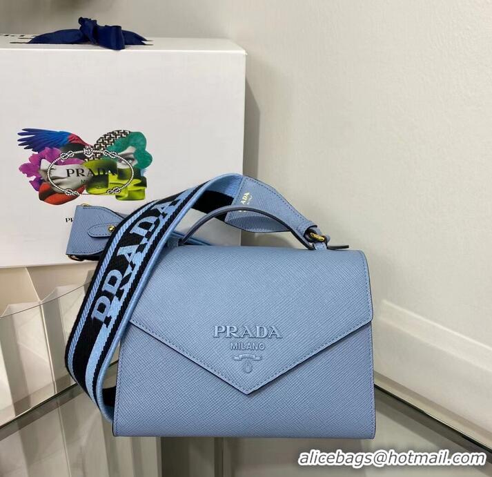 Popular Style Prada Monochrome Saffiano and leather bag 1BD317 sky blue