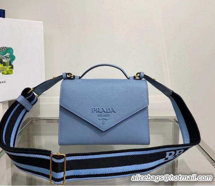 Popular Style Prada Monochrome Saffiano and leather bag 1BD317 sky blue