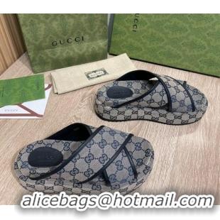 Discount Gucci GG Canvas Platform Crossover Slide Sandals 5.5cm Grey/Blue 041311