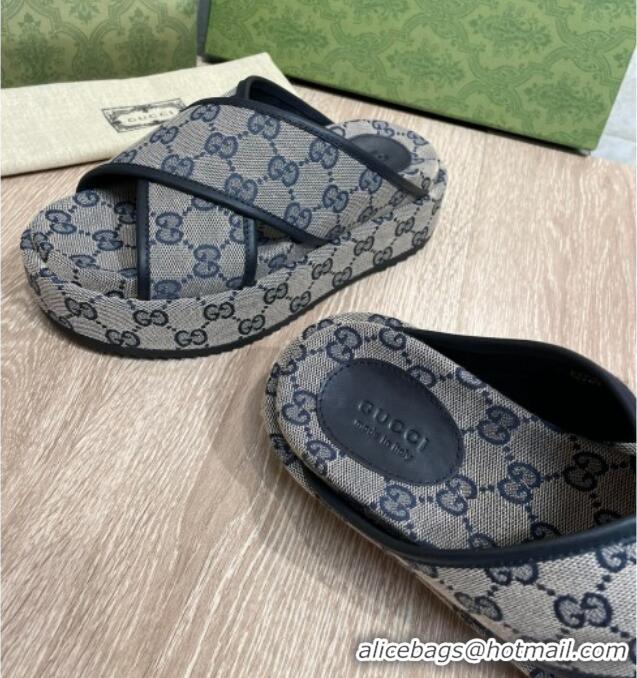 Discount Gucci GG Canvas Platform Crossover Slide Sandals 5.5cm Grey/Blue 041311