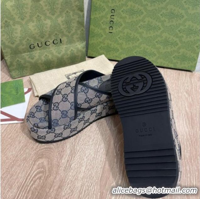 Discount Gucci GG Canvas Platform Crossover Slide Sandals 5.5cm Grey/Blue 041311