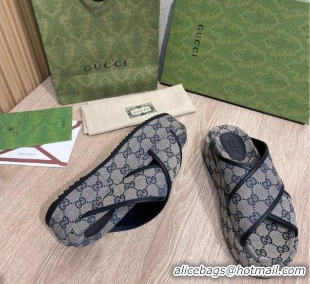 Discount Gucci GG Canvas Platform Crossover Slide Sandals 5.5cm Grey/Blue 041311