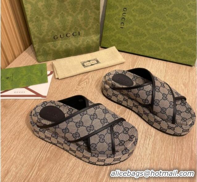 Discount Gucci GG Canvas Platform Crossover Slide Sandals 5.5cm Grey/Blue 041311