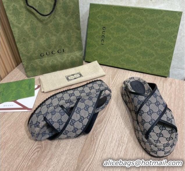 Discount Gucci GG Canvas Platform Crossover Slide Sandals 5.5cm Grey/Blue 041311