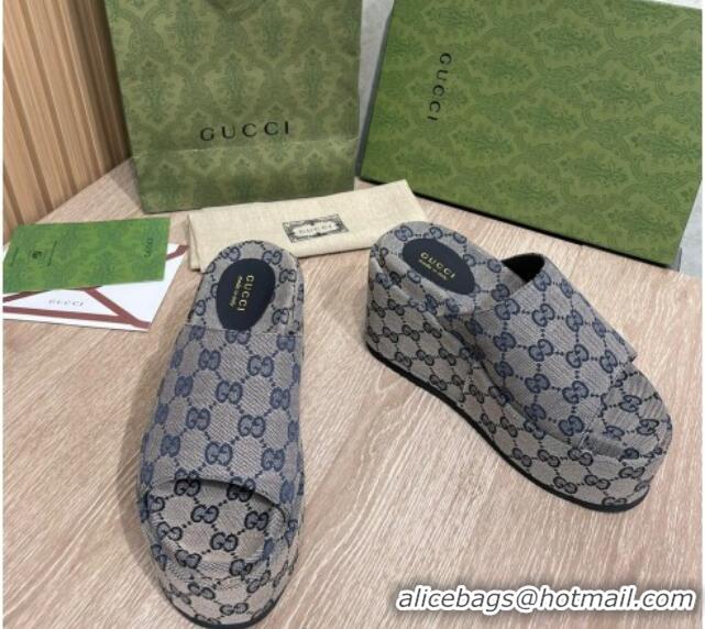 Sumptuous Gucci GG Canvas Wedge Platform Slide Sandals 12cm Grey/Blue 041312