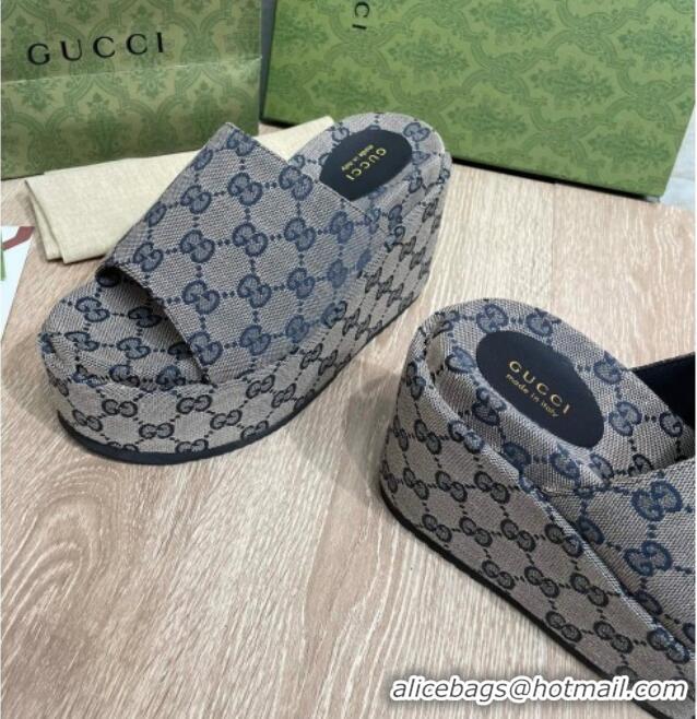 Sumptuous Gucci GG Canvas Wedge Platform Slide Sandals 12cm Grey/Blue 041312