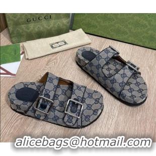 Stylish Gucci GG Canvas Flat Slide Sandals Grey/Blue 041313