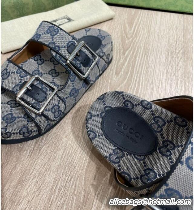 Stylish Gucci GG Canvas Flat Slide Sandals Grey/Blue 041313