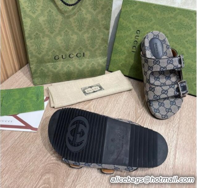 Stylish Gucci GG Canvas Flat Slide Sandals Grey/Blue 041313