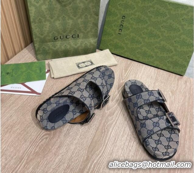 Stylish Gucci GG Canvas Flat Slide Sandals Grey/Blue 041313