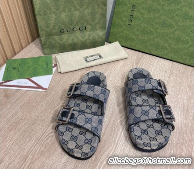 Stylish Gucci GG Canvas Flat Slide Sandals Grey/Blue 041313