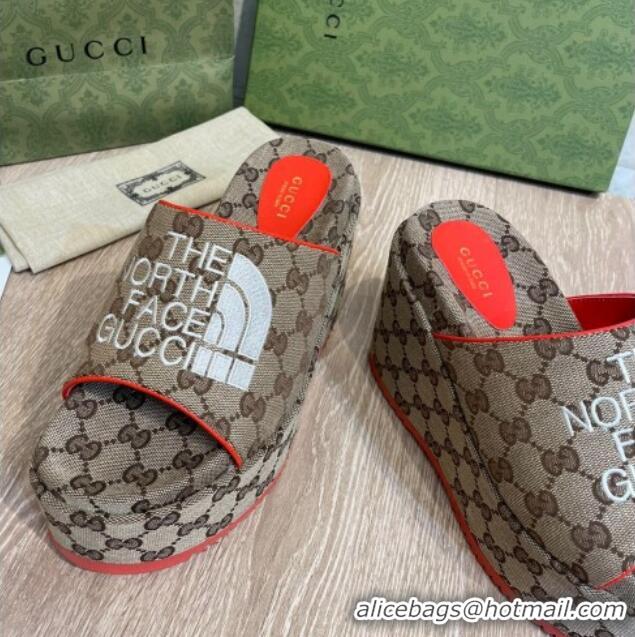 Purchase The North Face x Gucci GG Canvas Wedge Platform Slide Sandals 12cm Beige/Orange 041315