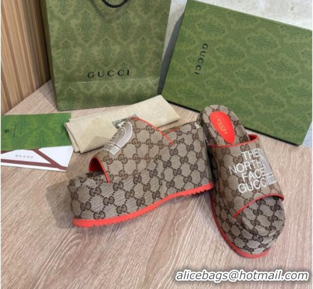 Purchase The North Face x Gucci GG Canvas Wedge Platform Slide Sandals 12cm Beige/Orange 041315