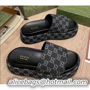 Best Grade Gucci GG Denim Platform Slide Sandals 5.5cm Black 041322