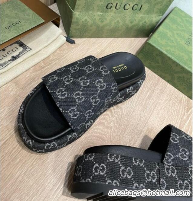 Best Grade Gucci GG Denim Platform Slide Sandals 5.5cm Black 041322