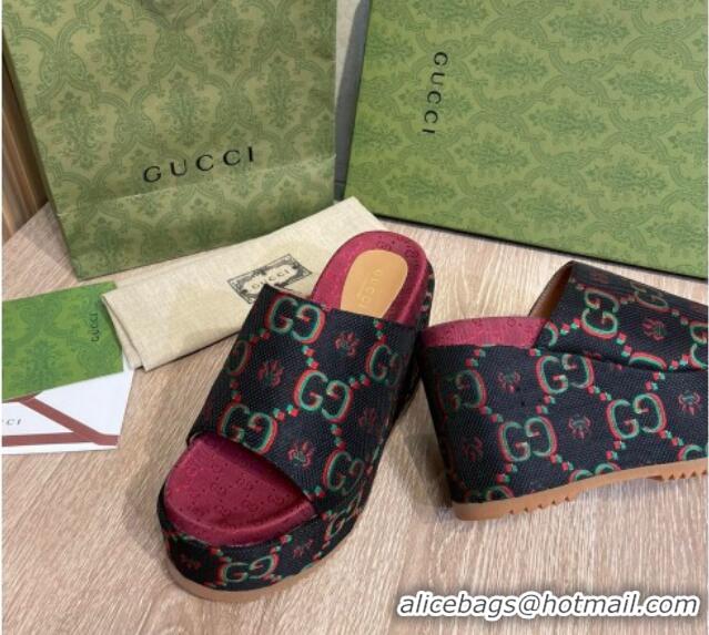 Sophisticated Gucci GG Flower Jacquard Wedge Platform Slide Sandals 12cm Black 041316