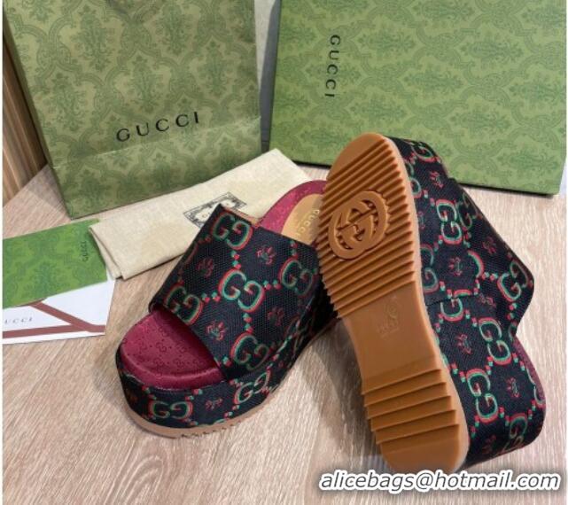 Sophisticated Gucci GG Flower Jacquard Wedge Platform Slide Sandals 12cm Black 041316