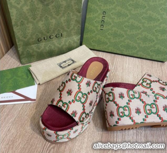 Low Price Gucci GG Flower Jacquard Wedge Platform Slide Sandals 12cm White 041317