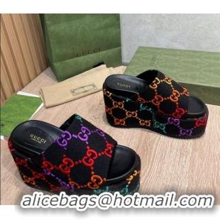 Good Looking Gucci GG Jacquard Wedge Platform Slide Sandals 12cm Black/Multicolor 041318