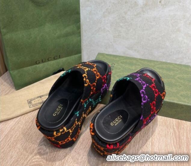 Good Looking Gucci GG Jacquard Wedge Platform Slide Sandals 12cm Black/Multicolor 041318