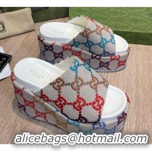 Top Grade Gucci GG Jacquard Wedge Platform Slide Sandals 12cm White/Multicolor 041320