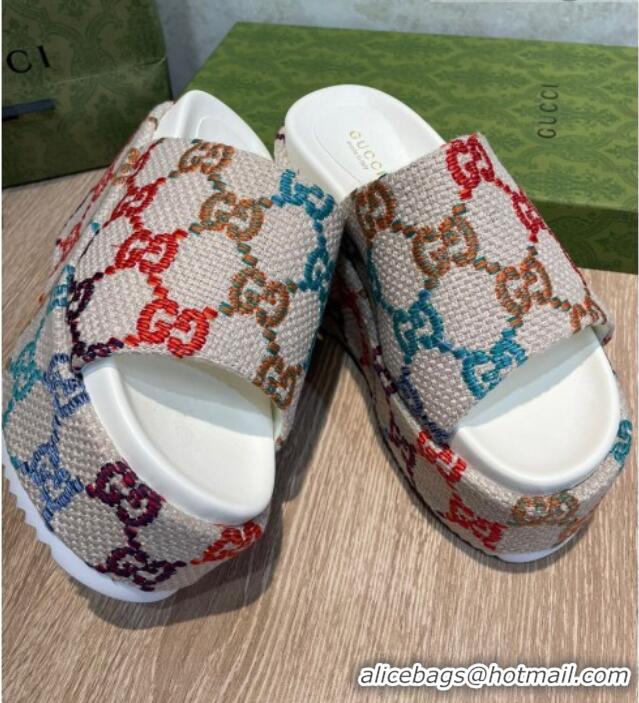 Top Grade Gucci GG Jacquard Wedge Platform Slide Sandals 12cm White/Multicolor 041320