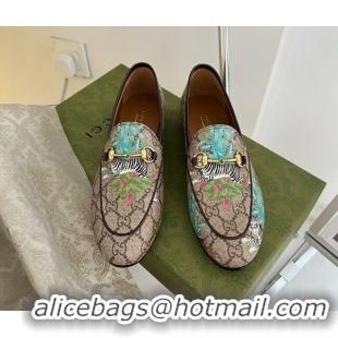 Duplicate Gucci Tiger GG Canvas Flat Loafers Beige 041325