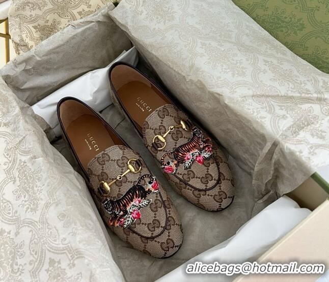 Duplicate Gucci Tiger GG Canvas Flat Loafers Brown 041326