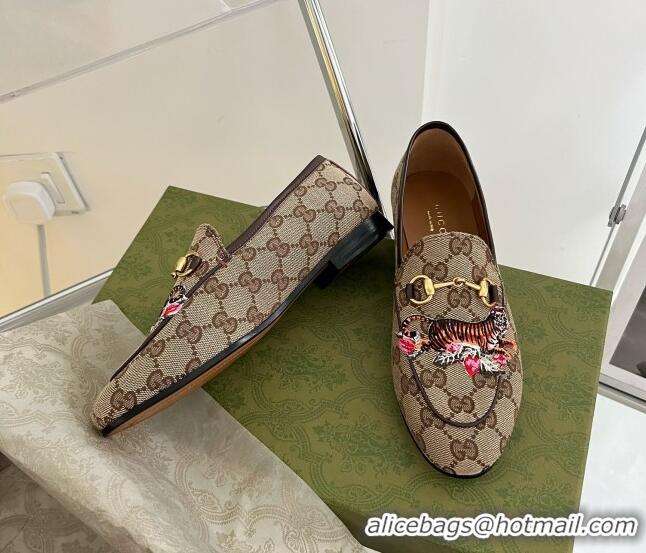 Duplicate Gucci Tiger GG Canvas Flat Loafers Brown 041326