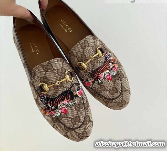 Duplicate Gucci Tiger GG Canvas Flat Loafers Brown 041326