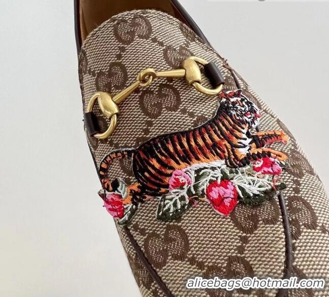 Duplicate Gucci Tiger GG Canvas Flat Loafers Brown 041326