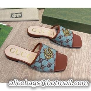 Stylish Gucci GG Canvas Flat Slide Sandals Blue/Brown 041330