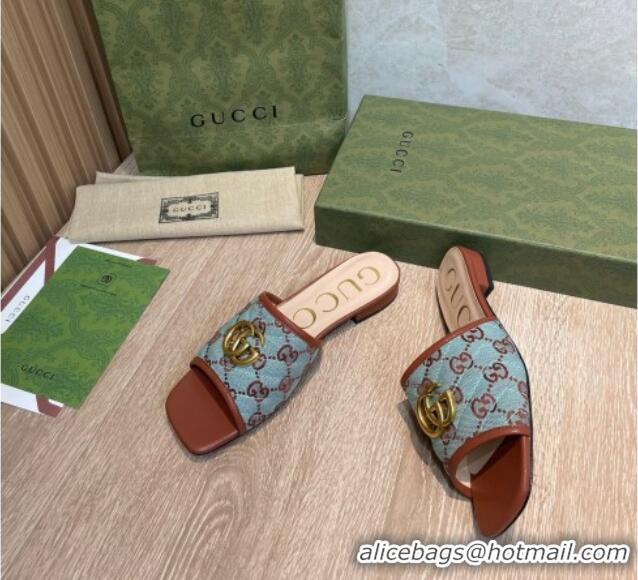 Stylish Gucci GG Canvas Flat Slide Sandals Blue/Brown 041330