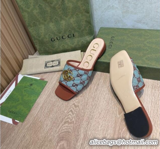 Stylish Gucci GG Canvas Flat Slide Sandals Blue/Brown 041330