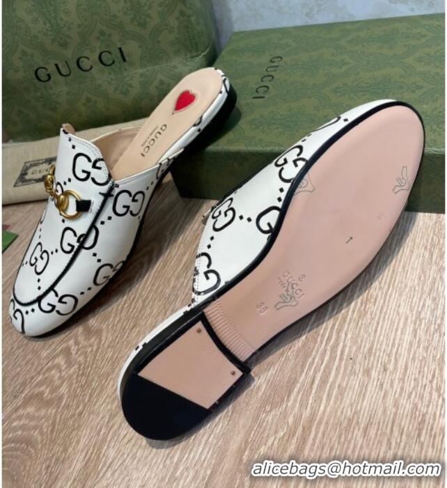 Discount Gucci 100 GG Calfskin Flat Mules White/Black 041331