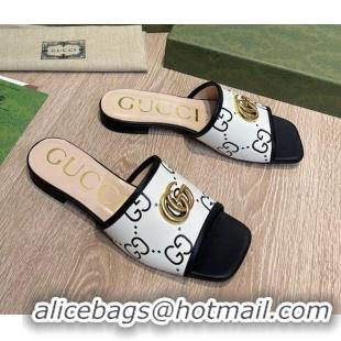 Top Grade Gucci 100 GG Calfskin Flat Slide Sandals White/Black 041332