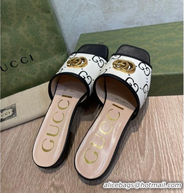 Top Grade Gucci 100 GG Calfskin Flat Slide Sandals White/Black 041332