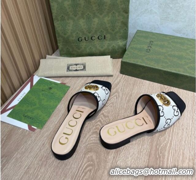 Top Grade Gucci 100 GG Calfskin Flat Slide Sandals White/Black 041332