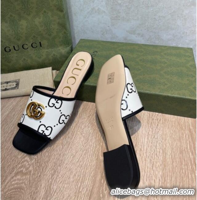 Top Grade Gucci 100 GG Calfskin Flat Slide Sandals White/Black 041332