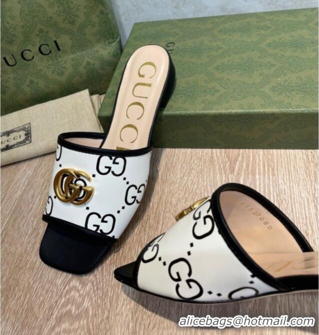 Top Grade Gucci 100 GG Calfskin Flat Slide Sandals White/Black 041332