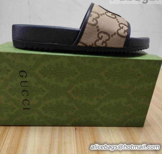 Top Design Gucci Off The Grid GG Nylon Flat Slide Sandals Beige 042298