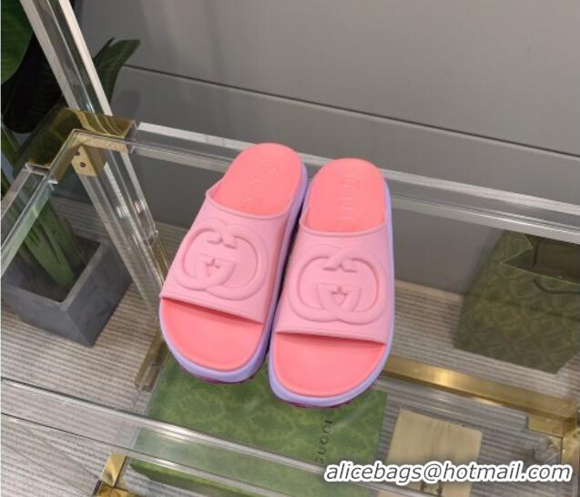 Top Grade Gucci Rubber Flatform Slide Sandal with Interlocking G Pink 422100