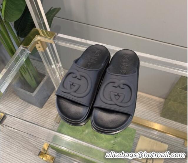 Most Popular Gucci Rubber Flatform Slide Sandal with Interlocking G Black 422102