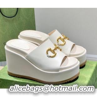 Good Quality Gucci Leather Wedge Platform Slide Sandal with Horsebit White 0422103