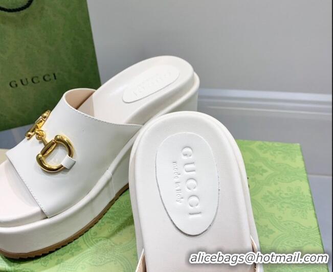 Good Quality Gucci Leather Wedge Platform Slide Sandal with Horsebit White 0422103